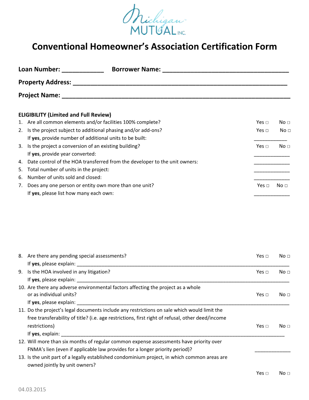 Conventional Homeowner S Association Certification Form