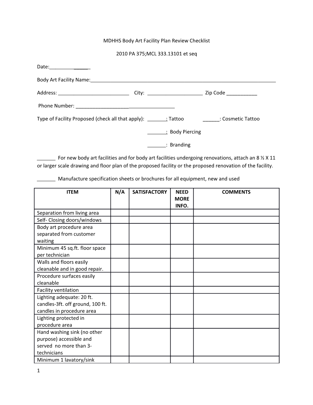 MDHHS Body Art Facility Plan Review Checklist