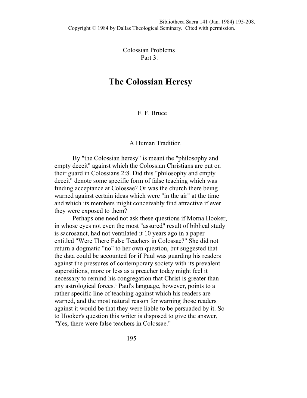The Colossian Heresy: Part 3: Colossian Problems
