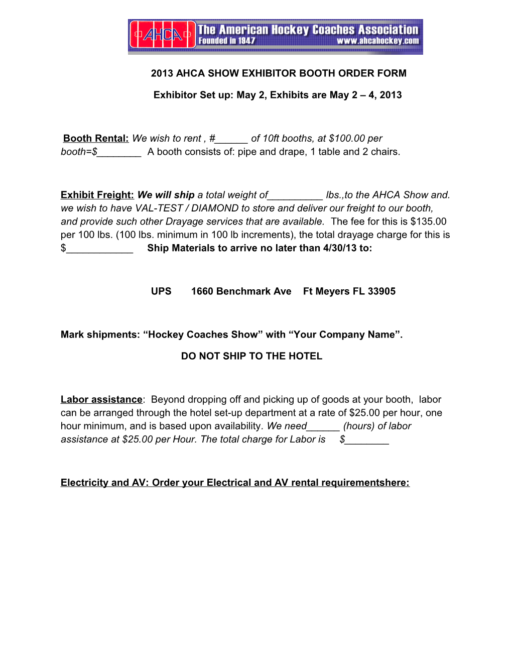 2013 Ahca Show Exhibitor Booth Order Form