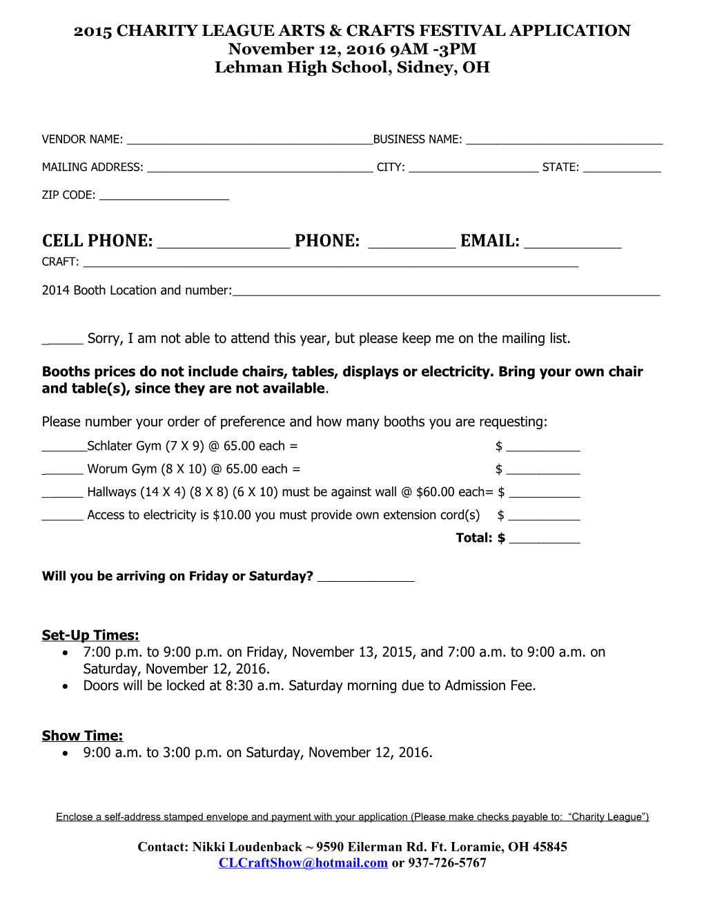2015 Charity League Arts & Crafts Festival Application