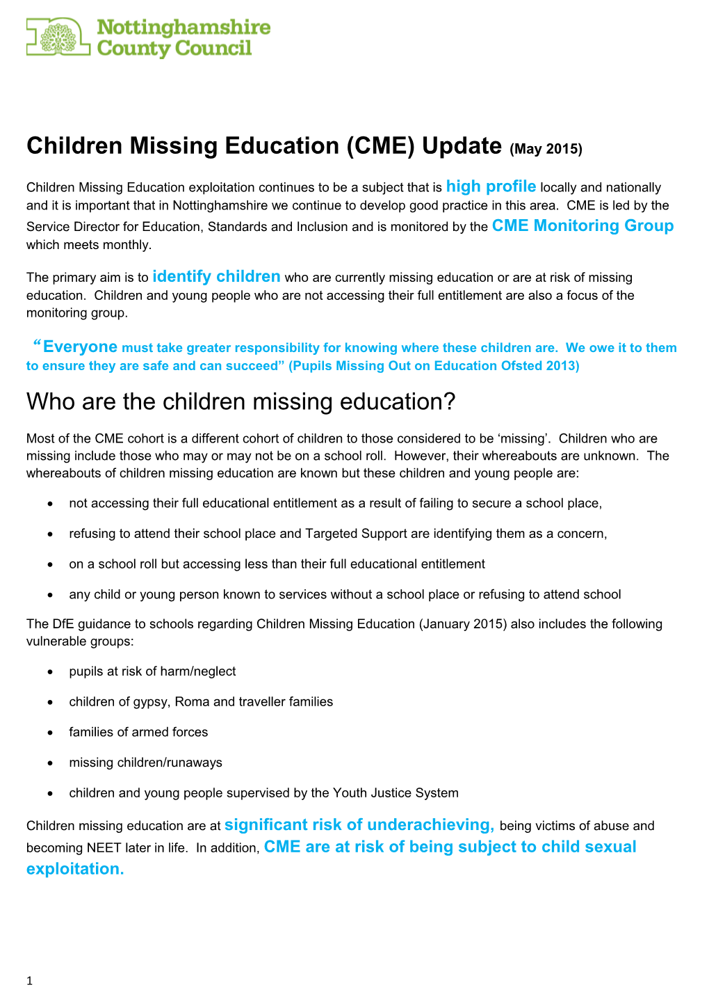 Children Missing Education (CME) Update (May 2015)