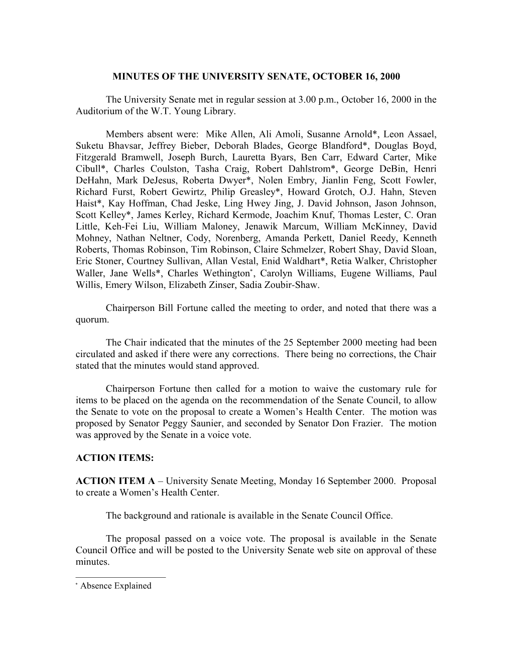 Minutes of the University Senate, September 11, 2000