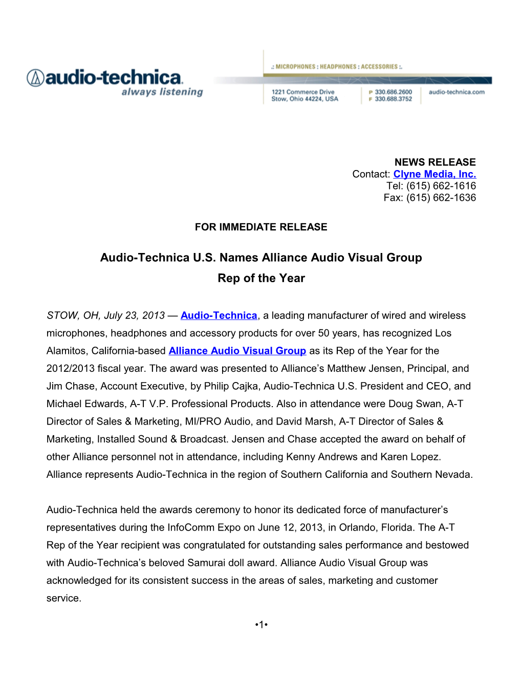 Audio-Technica U.S. Names Alliance Audio Visual Group