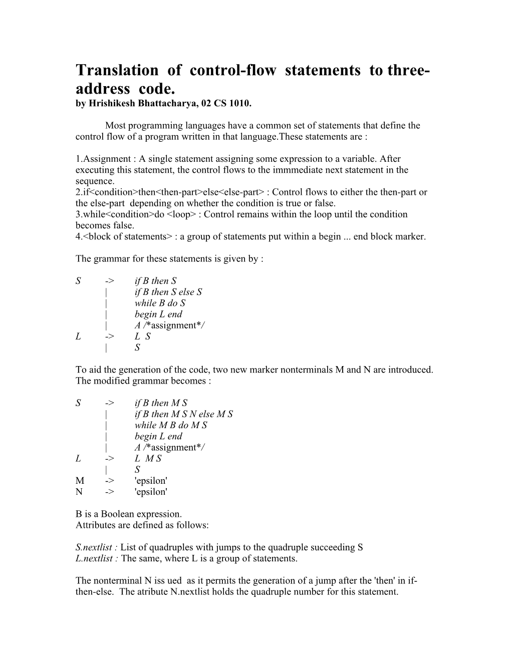 Translation of Control-Flow Statements to Three-Address Code