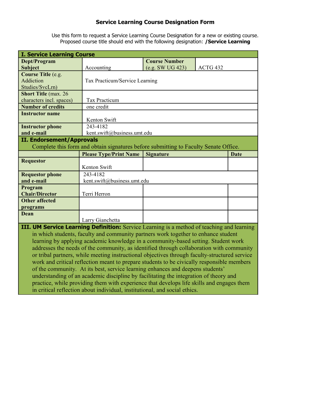 Service Learning Course Designation Form