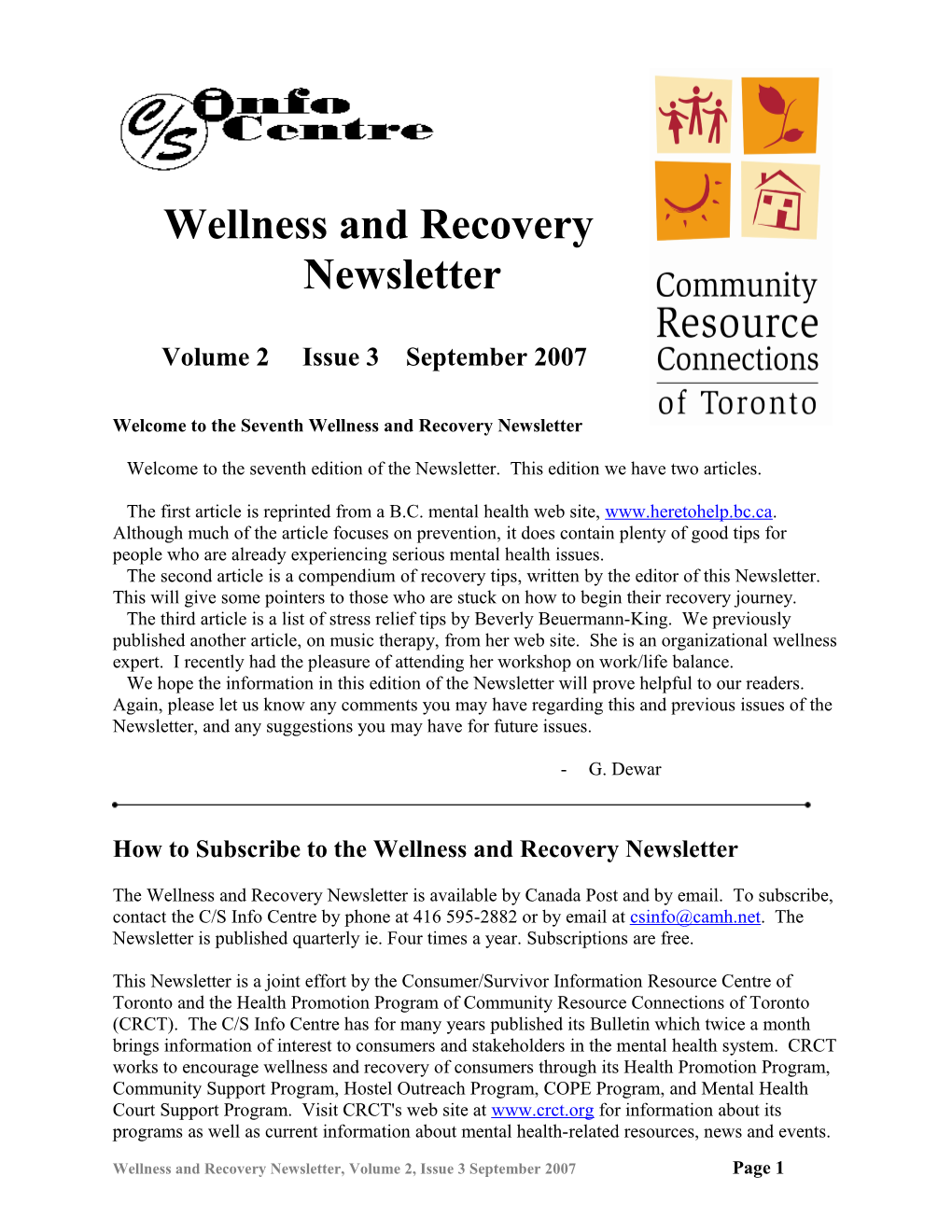 Wellness and Recovery Newsletter Vol 1 Issue 1