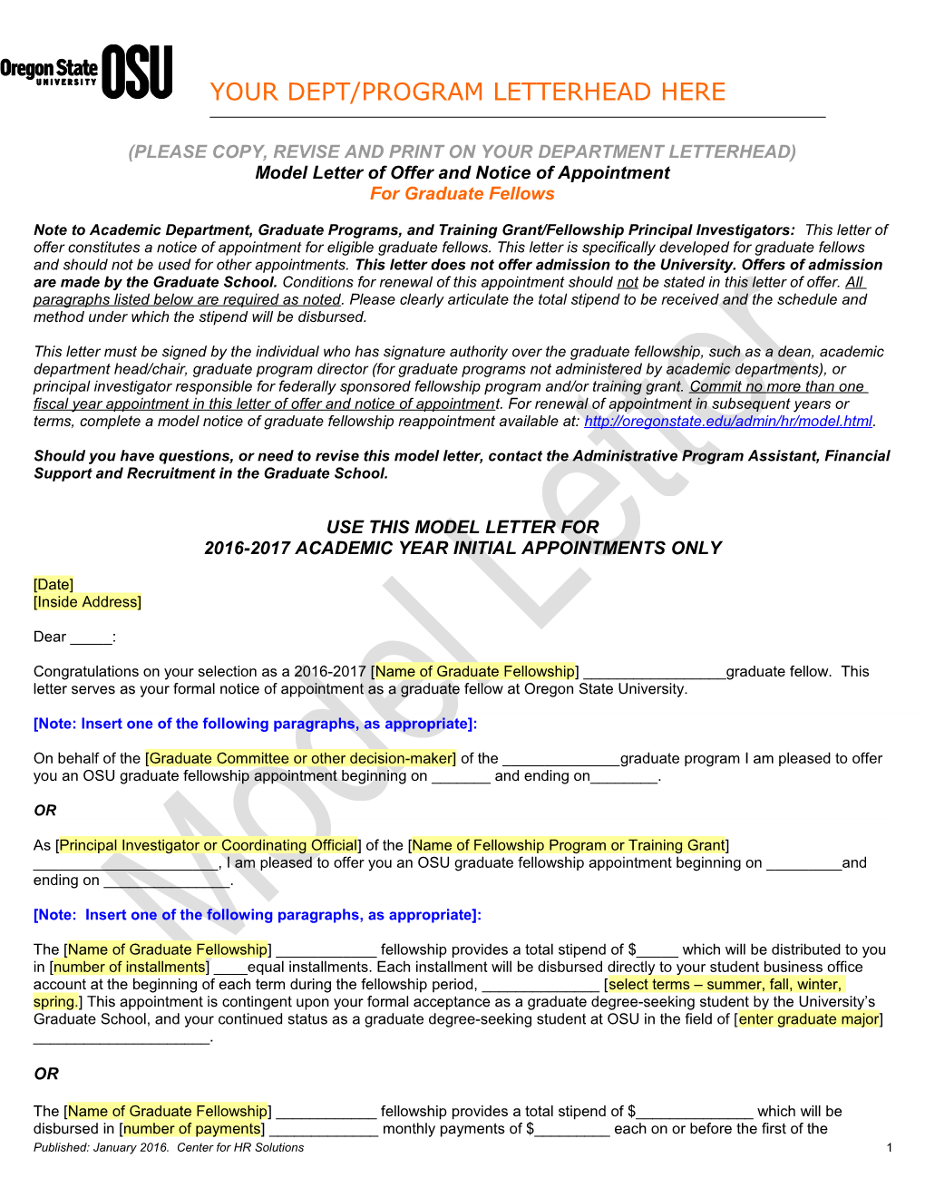 Sample Letter of Offer and Notice of Appointment for Grduate Assistant - Non-Represented