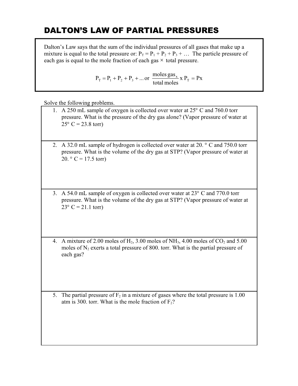 Dalton S Law of Partial Pressures