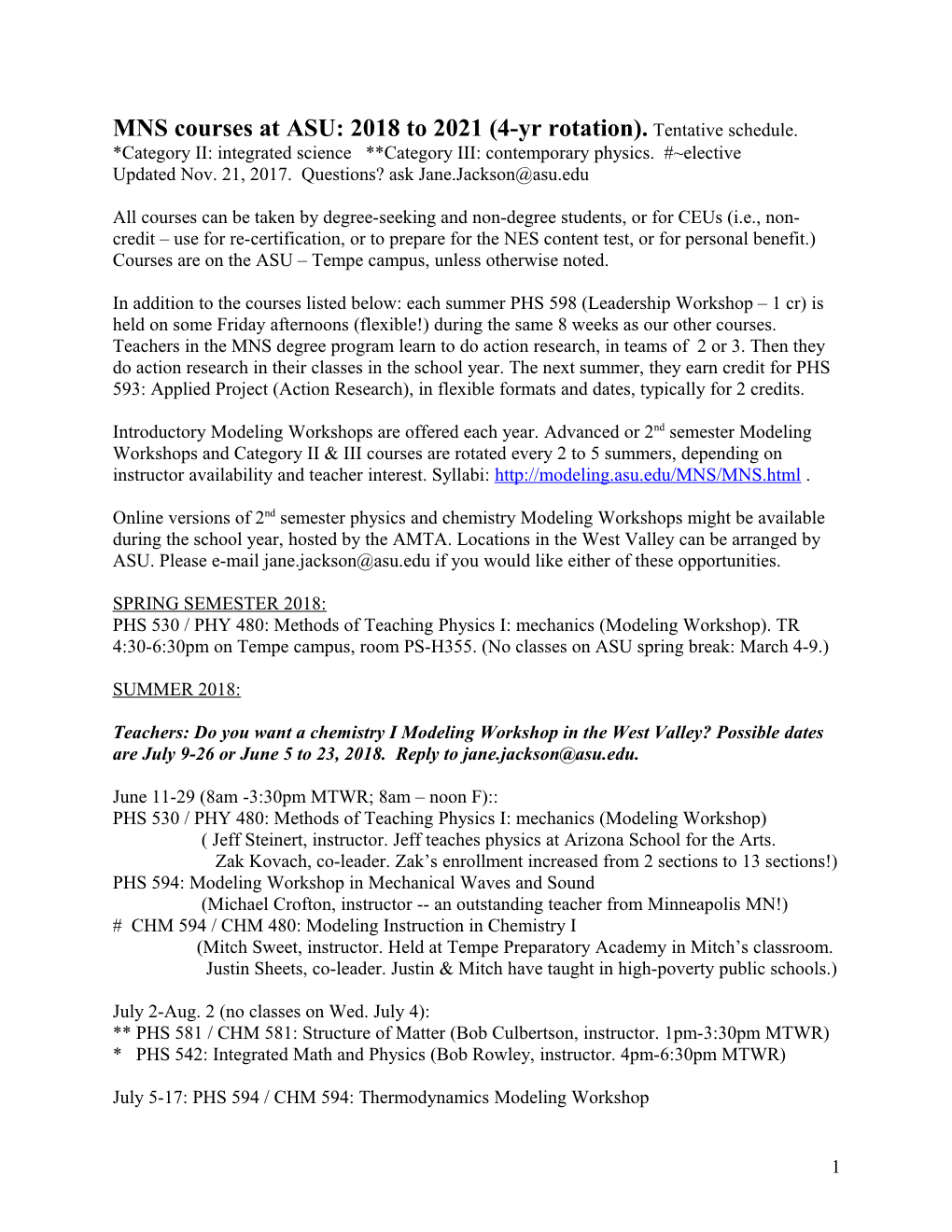 MNS Courses at ASU: 2018 to 2021 (4-Yr Rotation). Tentative Schedule