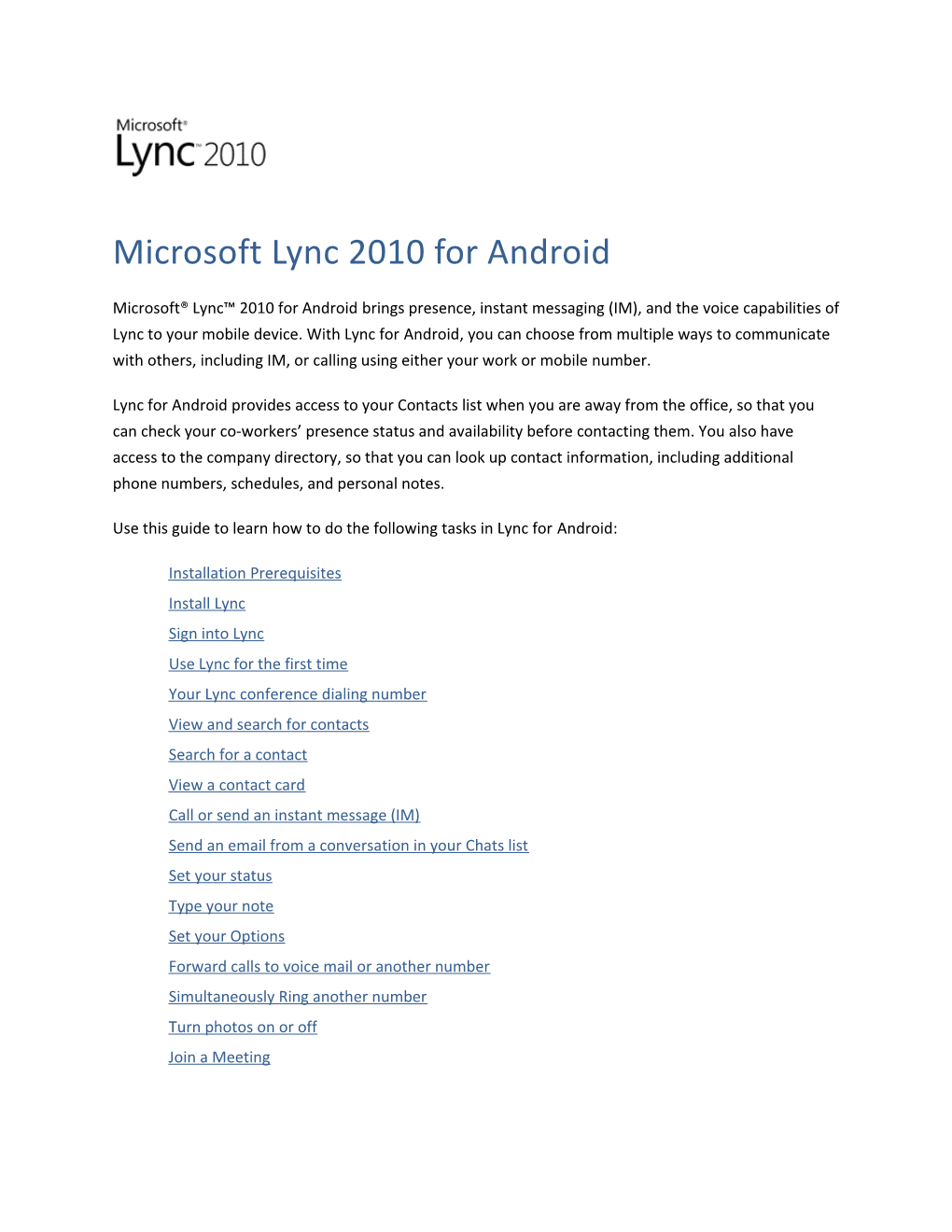 Microsoft Lync 2010 for Android Getting Started