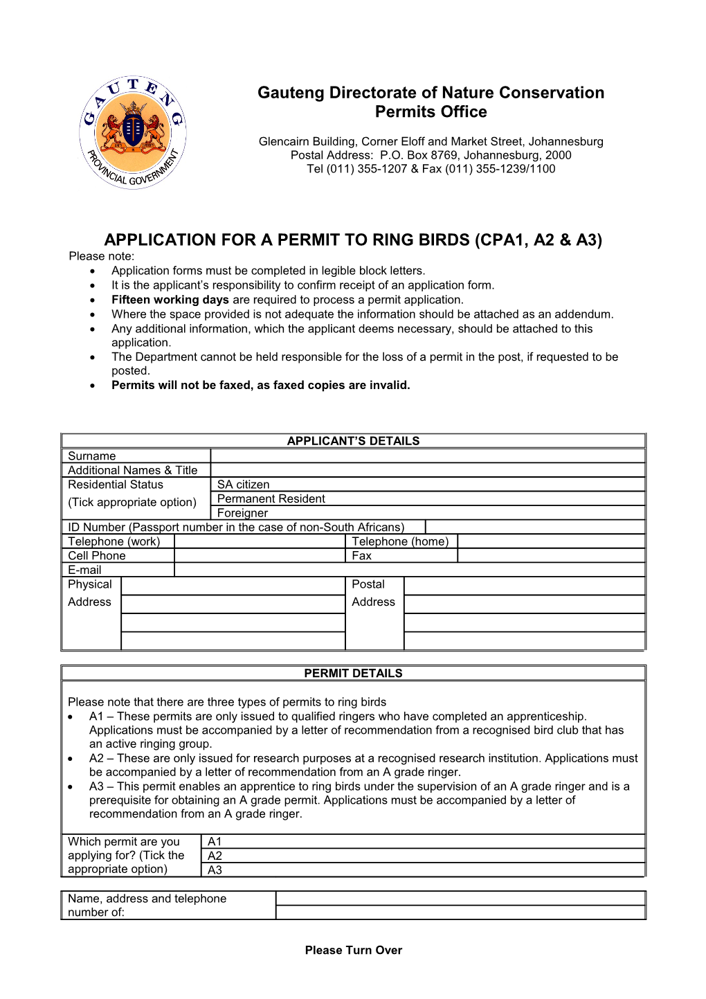 Application for a Permit to Ring Birds (Cpa1, A2 & A3)