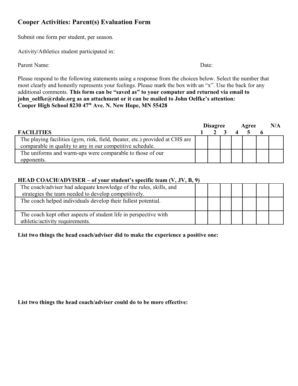 CHS Activities: Parent(S) Evaluation Form