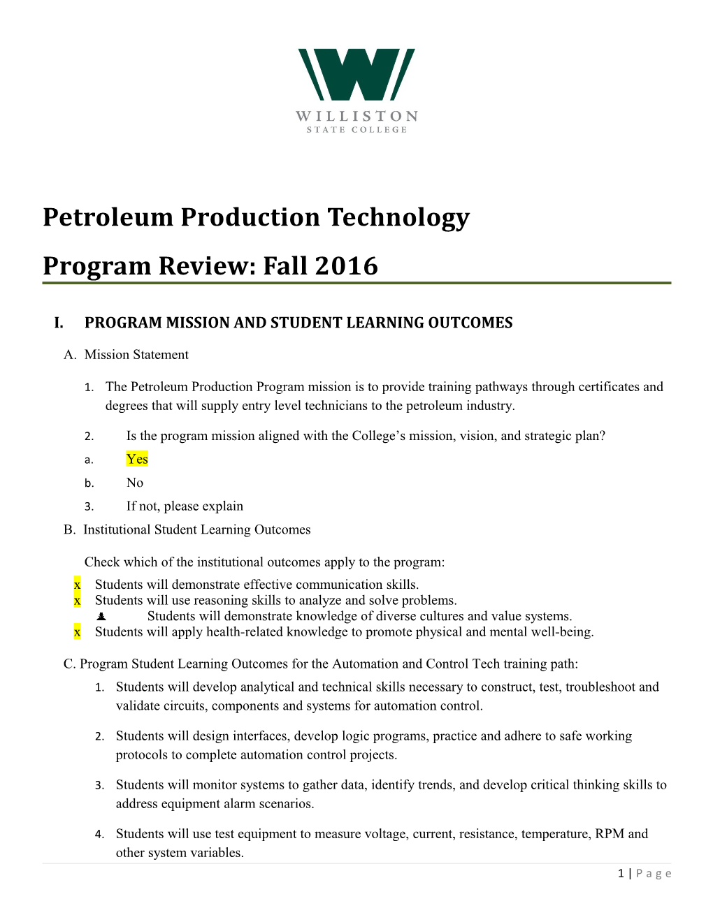 I.Program Mission and Student Learning Outcomes