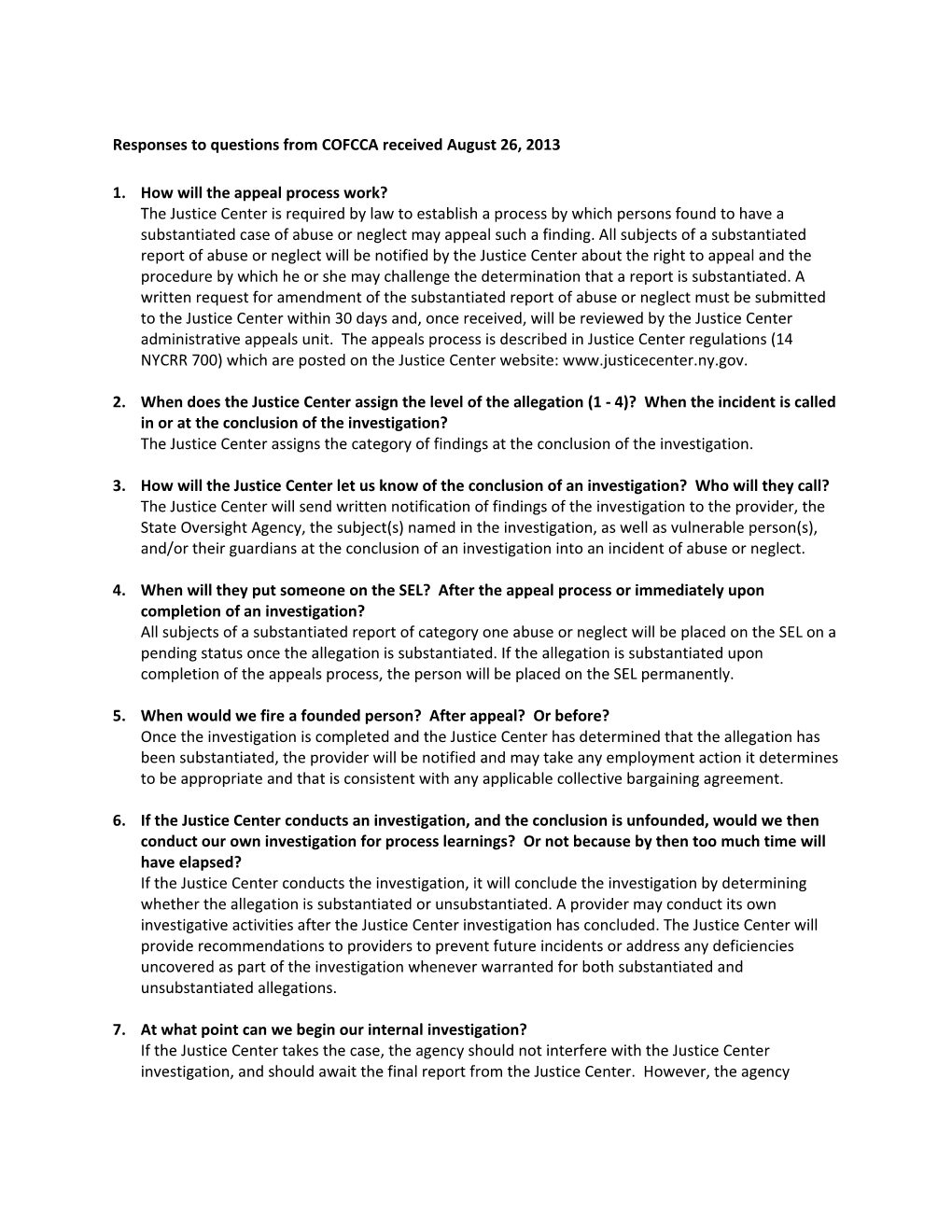 Responses to Questions from COFCCA Received August 26, 2013
