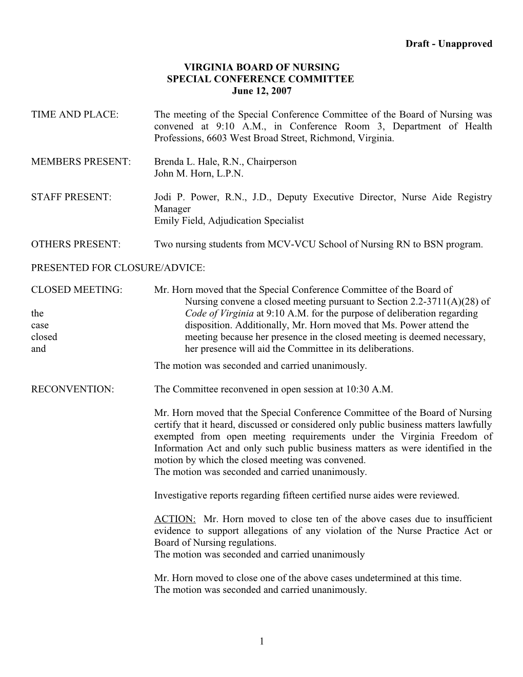 Nursing-Draft Minutes of IFC Held June 12, 2007