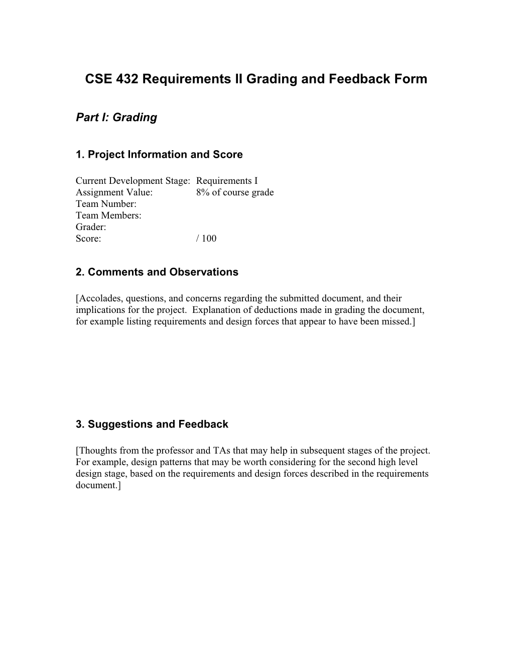CSE 432 Requirements Grading and Feedback Form
