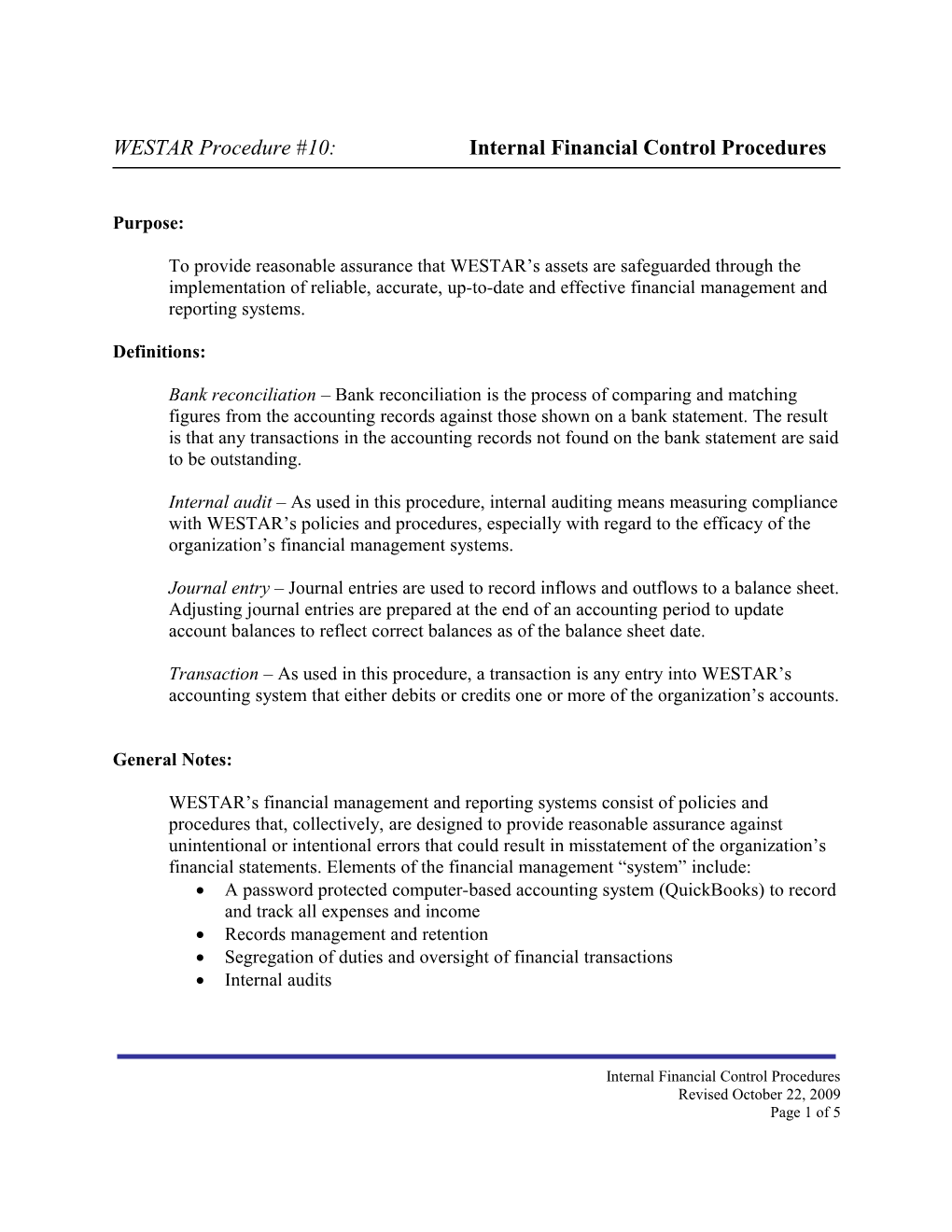 WESTAR Procedure #10: Internal Financial Control Procedures