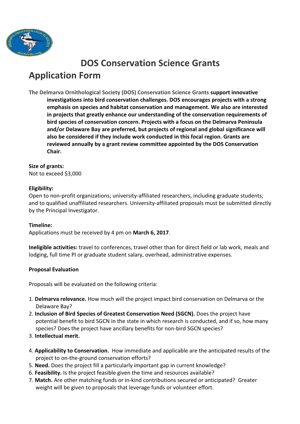 DOS Conservation Grant Application