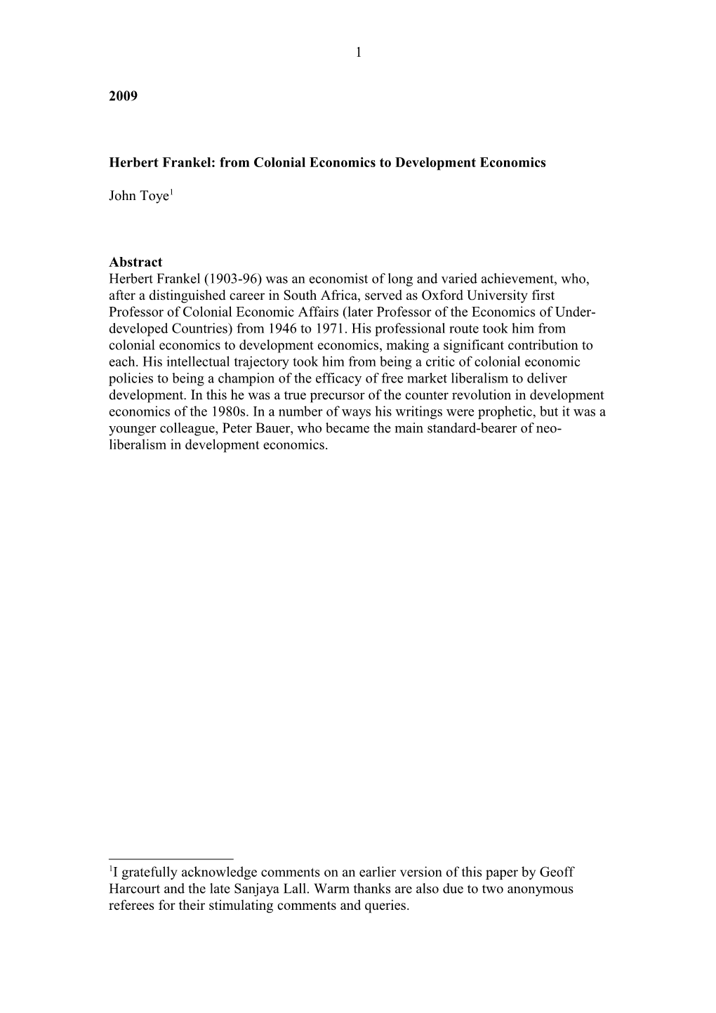 Herbert Frankel: from Colonial Economics to Development Economics