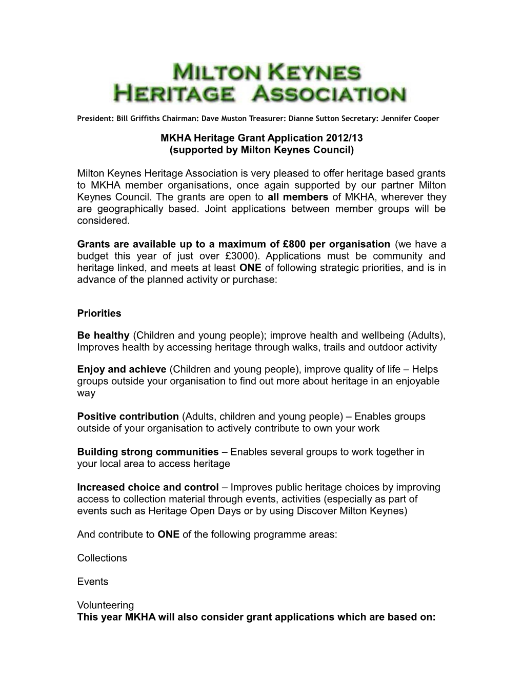 MKHA Heritage Grant Application 2012/13