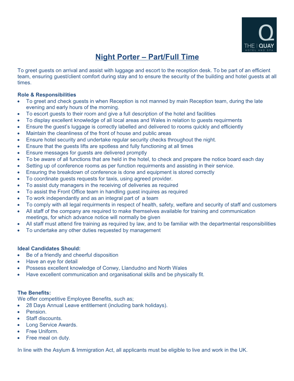Night Porter Part/Full Time