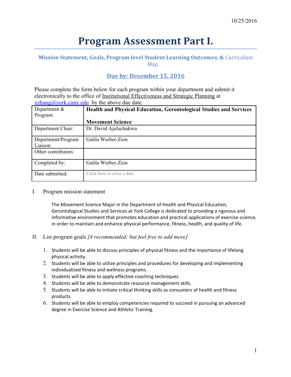 Mission Statement, Goals, Program Level Student Learning Outcomes, & Curriculum Map s1