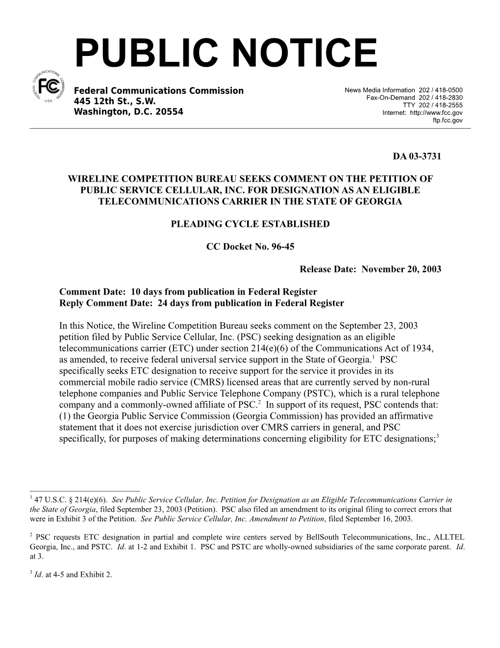 Comment Date: 10 Days from Publication in Federal Register