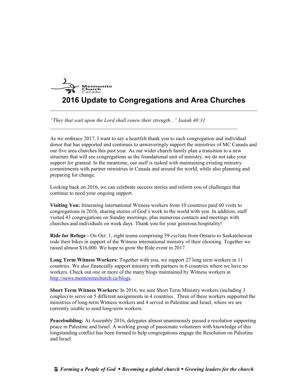 2016 Update to Congregations and Area Churches