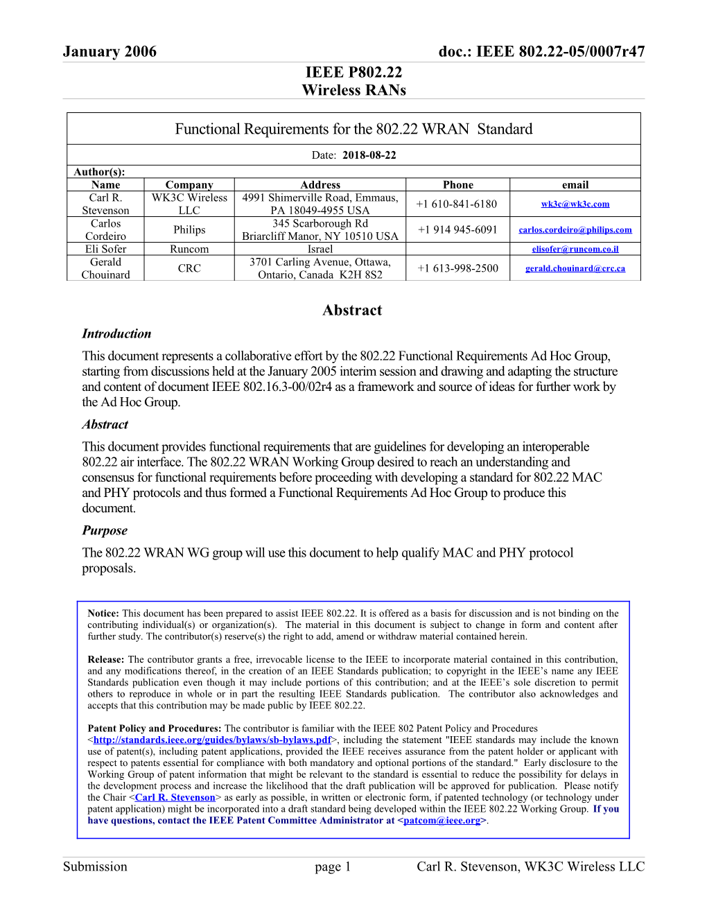 Functional Requirements for the 802.22 WRAN Standard