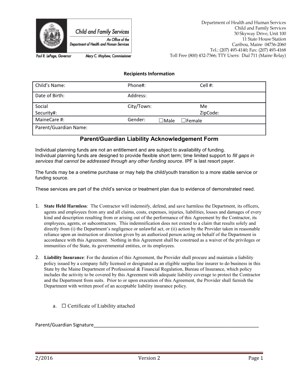 Parent/Guardian Liability Acknowledgement Form