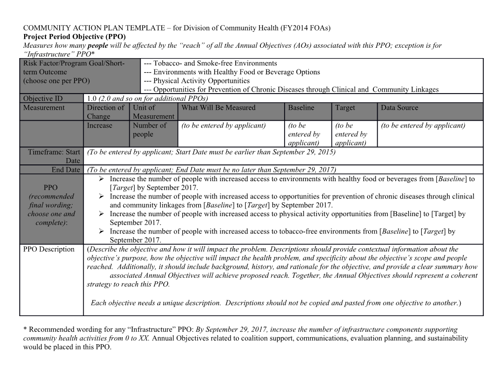 COMMUNITY ACTION PLAN TEMPLATE for Division of Community Health (FY2014 Foas)