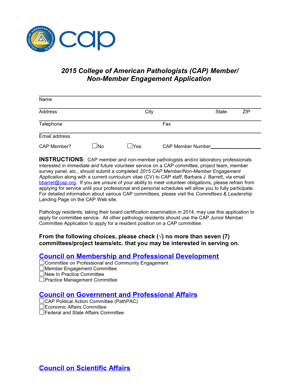 Application for Cap Committee Membership