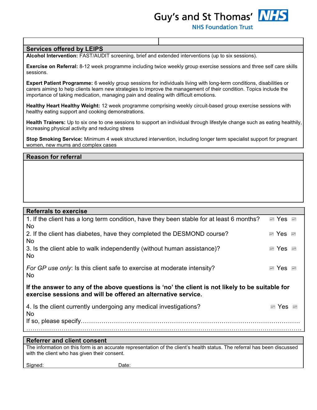 Lambeth Early Intervention & Prevention Service (LEIPS) Referral Form