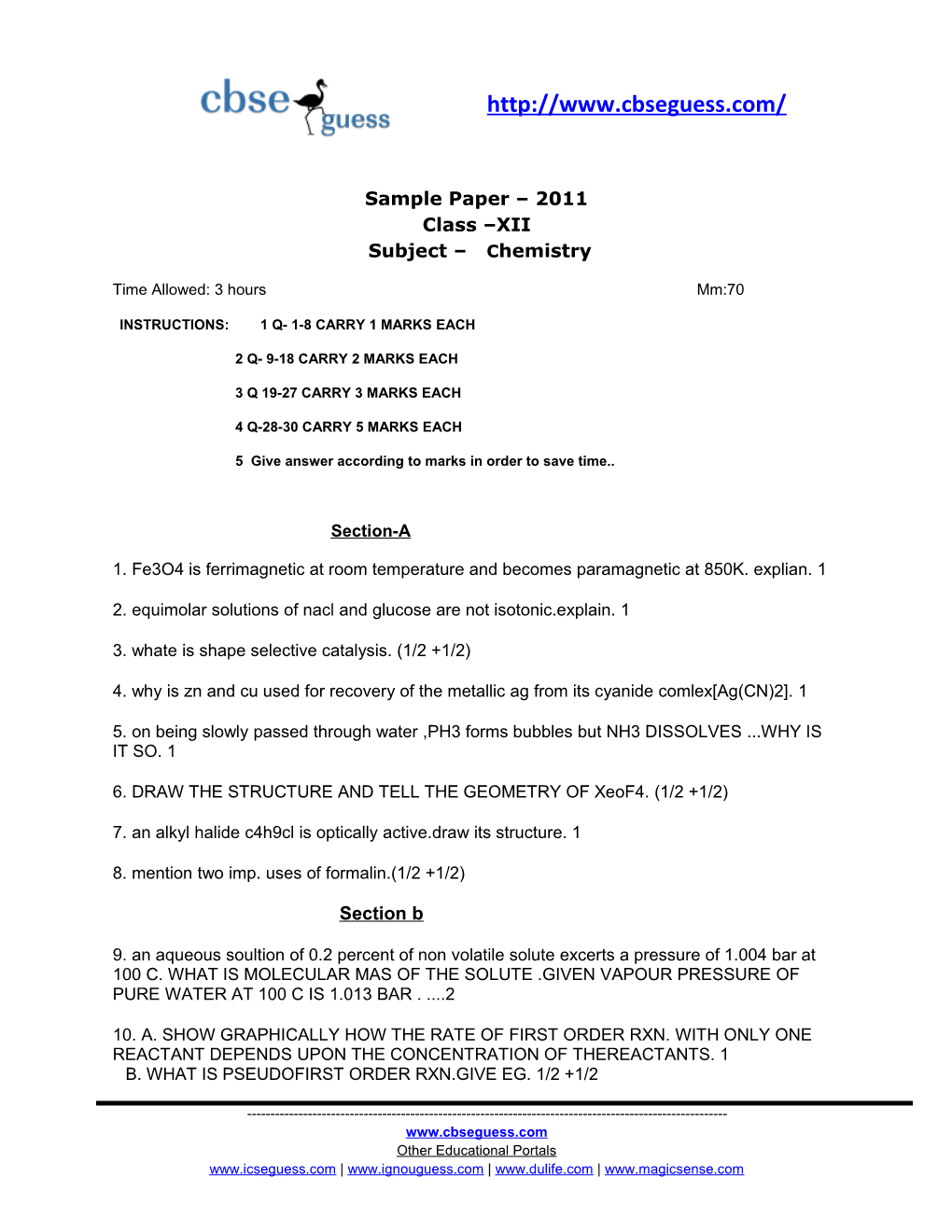 Sample Paper 2011 Class XII Subject Chemistry
