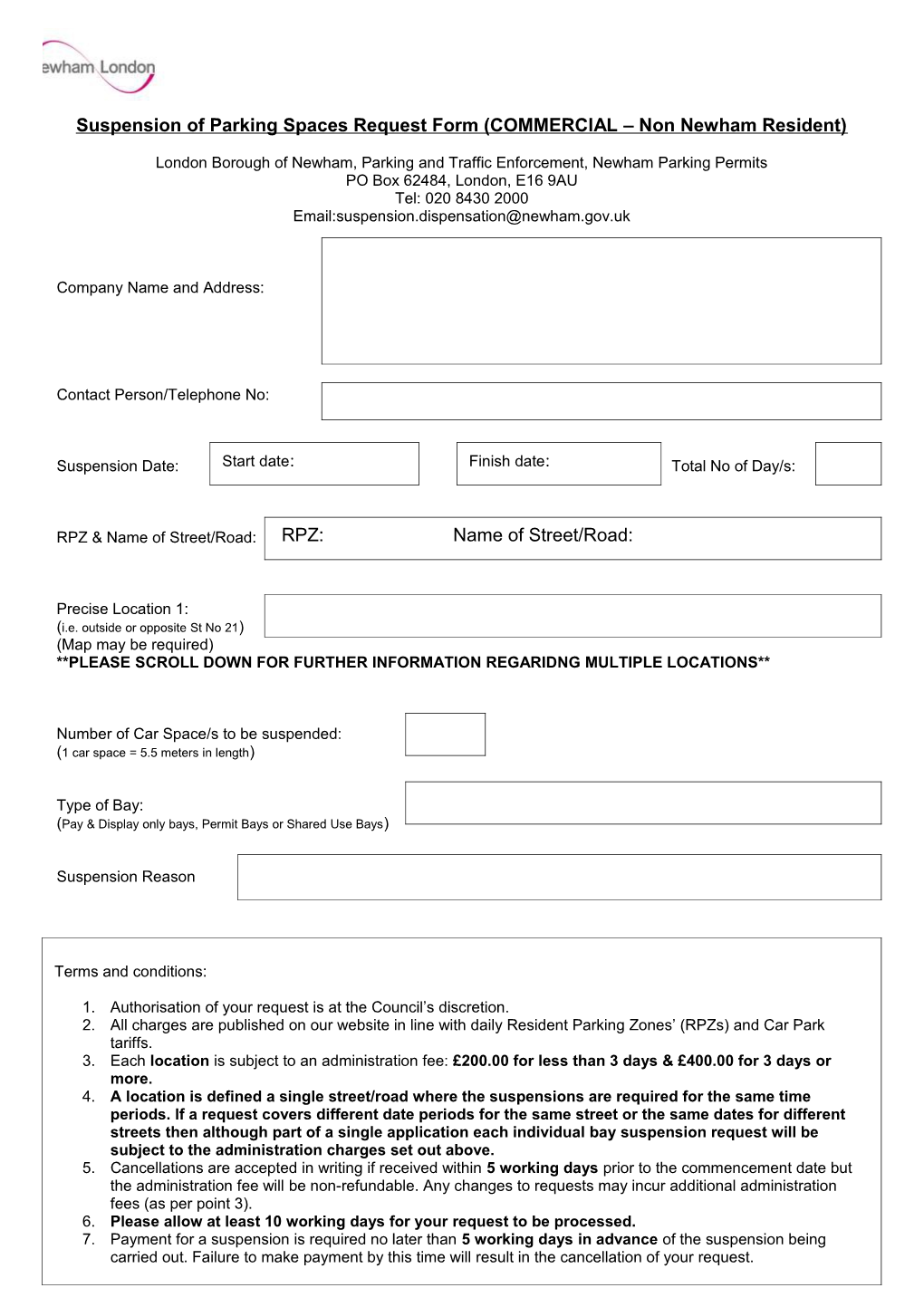 Suspension of Parking Spaces Request Form - Commercial (Non Newham Residents)