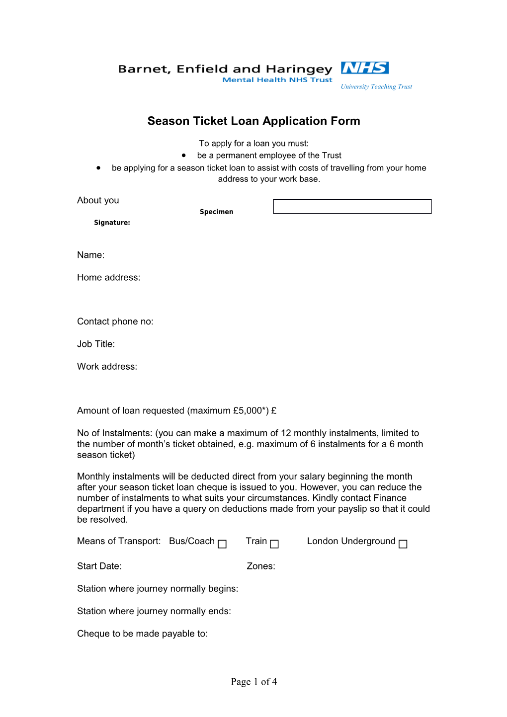 Season Ticket Loan Application Form