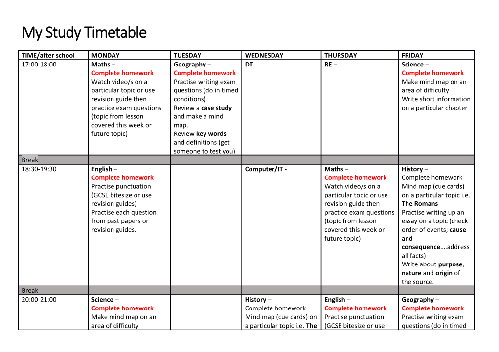 My Study Timetable