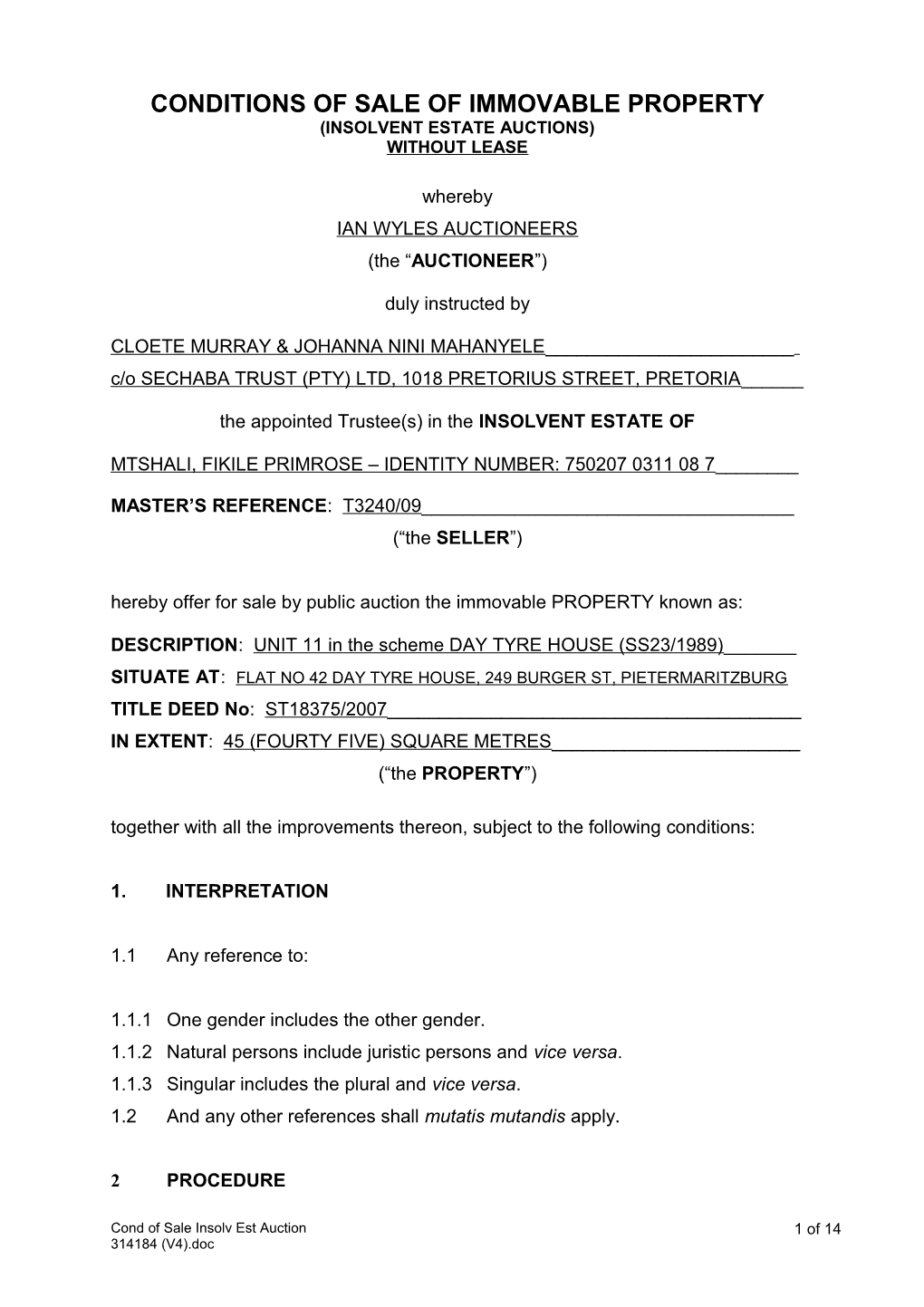 Conditions of Sale of Immovable Property