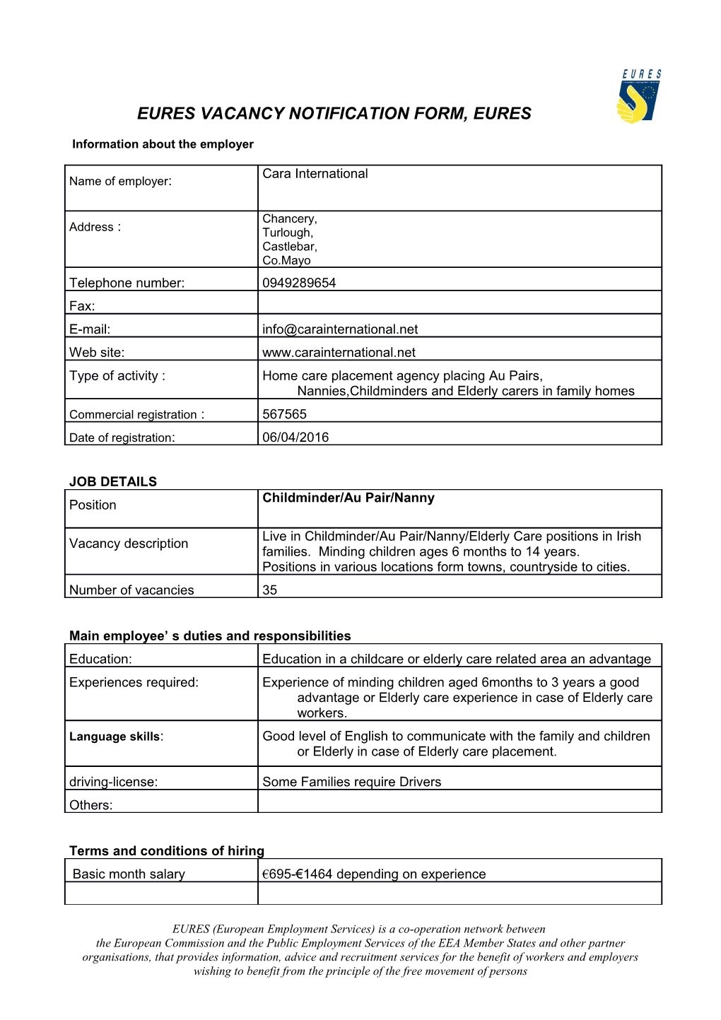 Eures Vacancy Notification Form, Eures