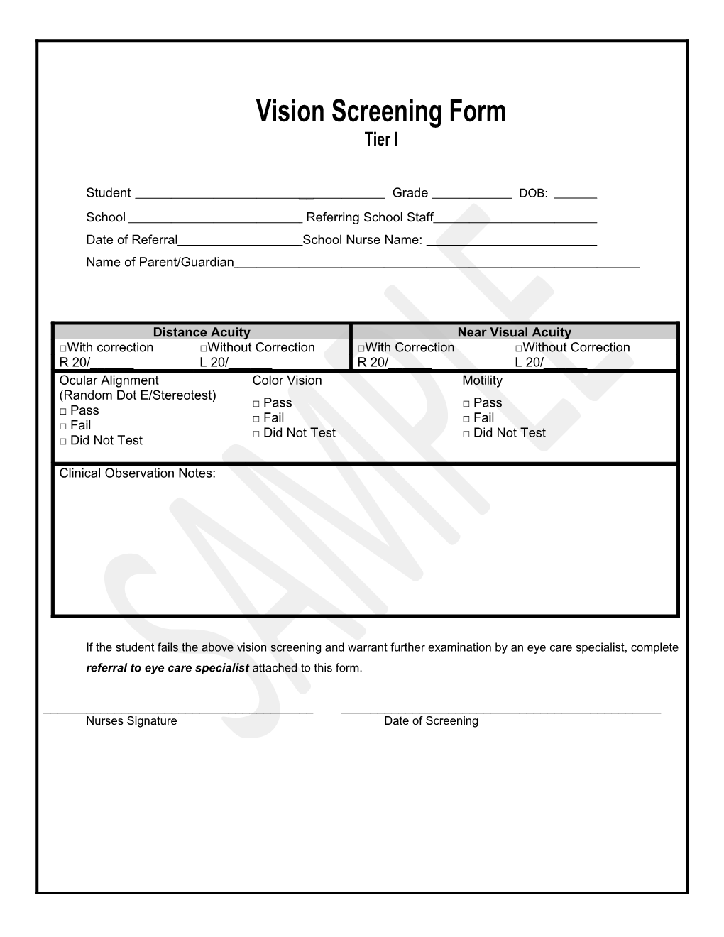 Vision Screening Form