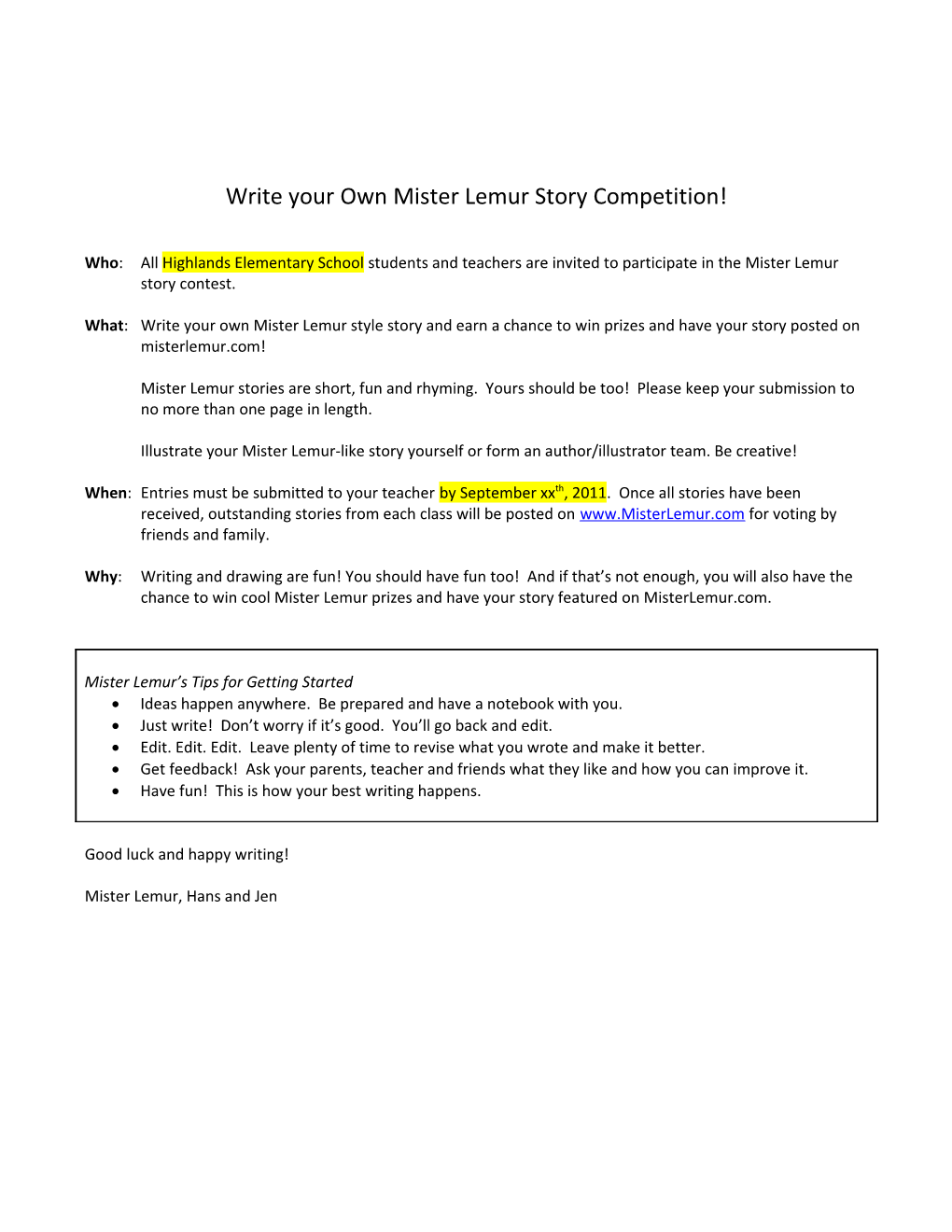 Write Your Own Mister Lemur Story Competition!