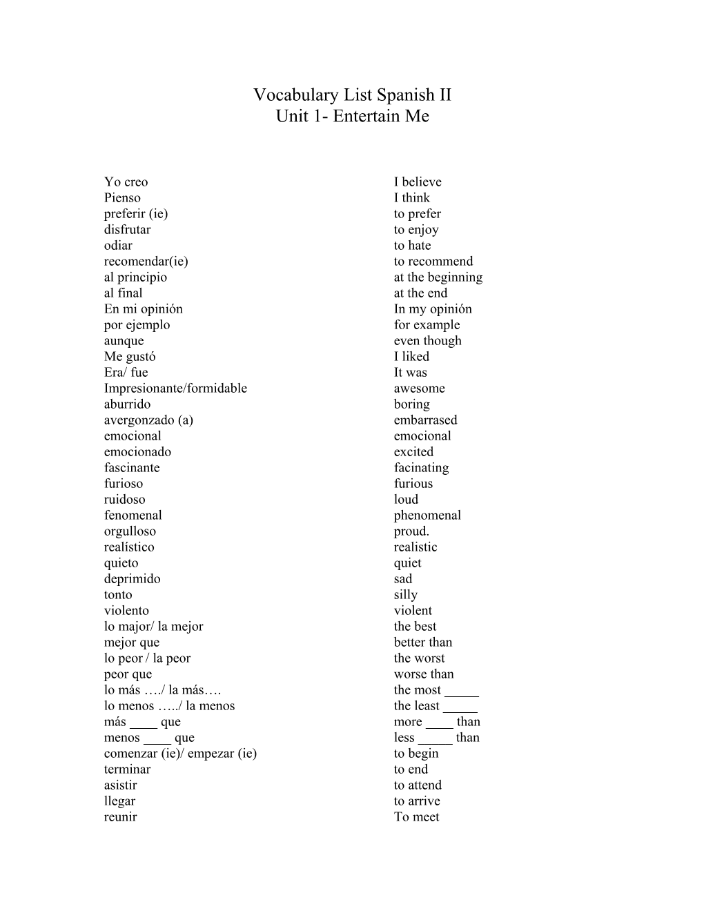 Vocabulary List Spanish II
