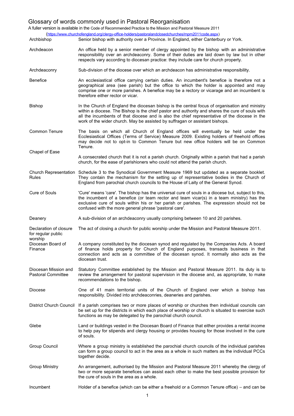 Glossary of Words Commonly Used in Pastoral Reorganisation