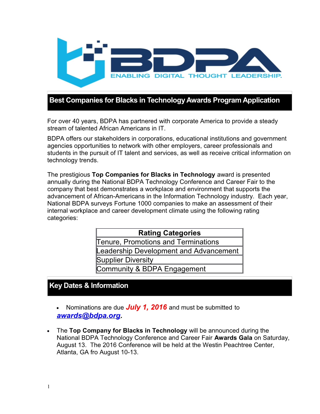 Best Companies for Blacks in Technology Awards Program Application