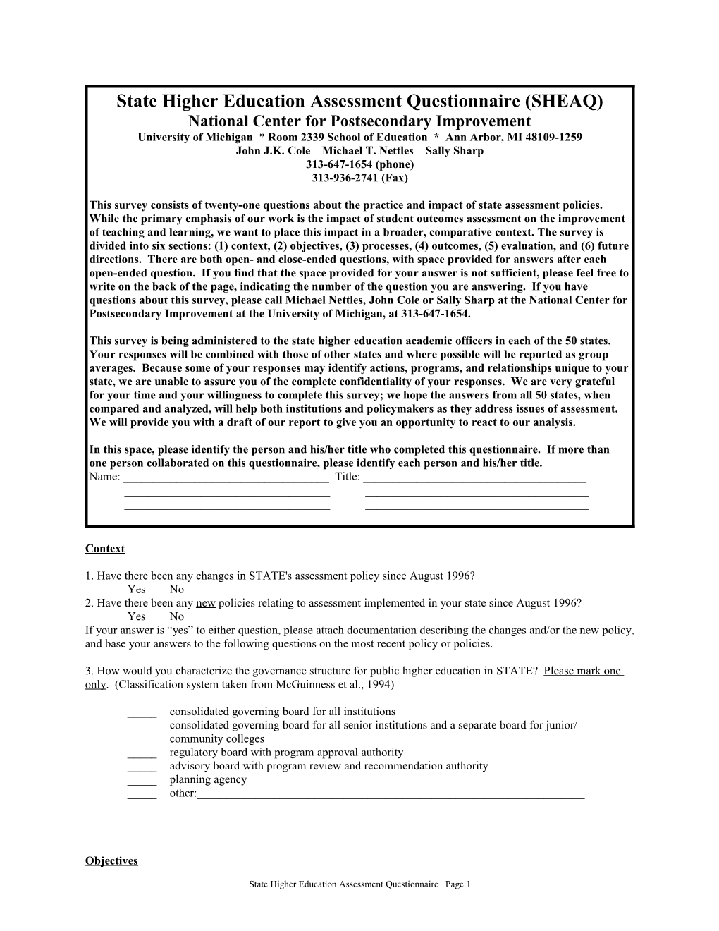 State Higher Education Assessment Questionnaire (SHEAQ)