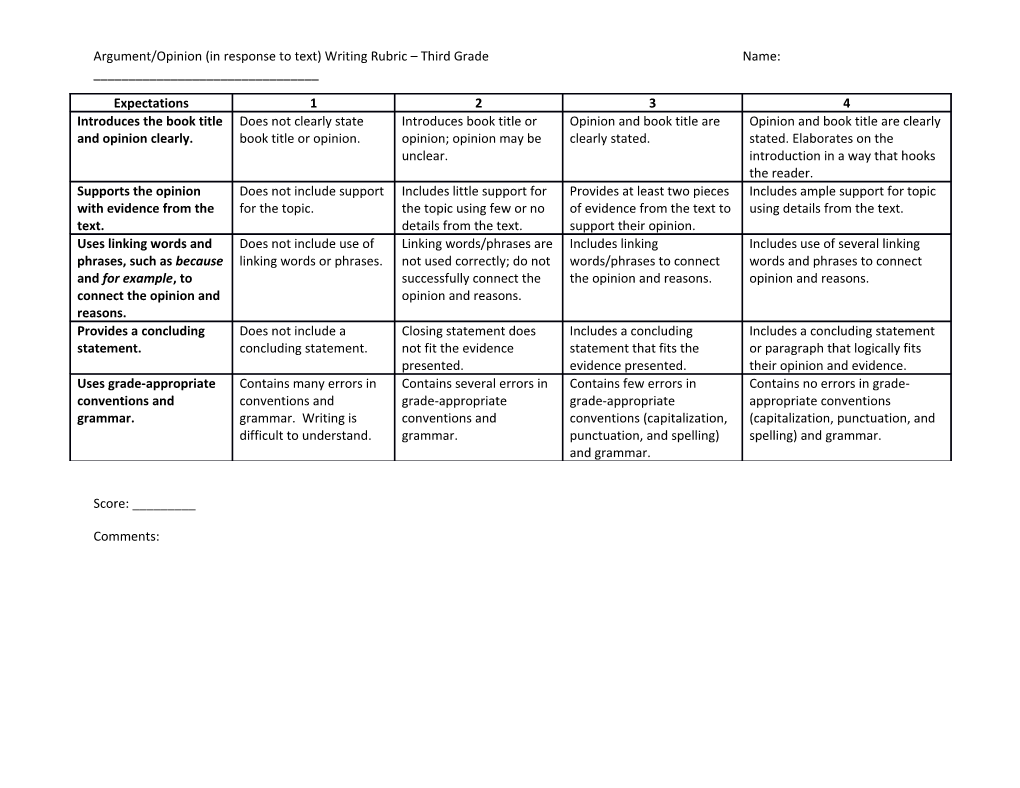 Argument/Opinion (In Response to Text) Writing Rubric Third Gradename: ______