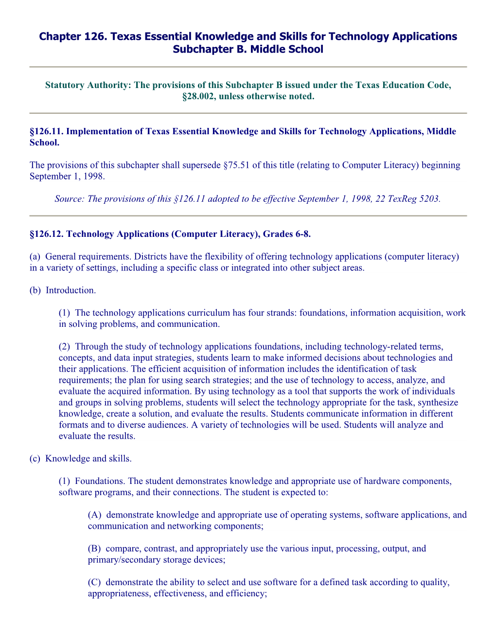 126.11. Implementation of Texas Essential Knowledge and Skills for Technology Applications