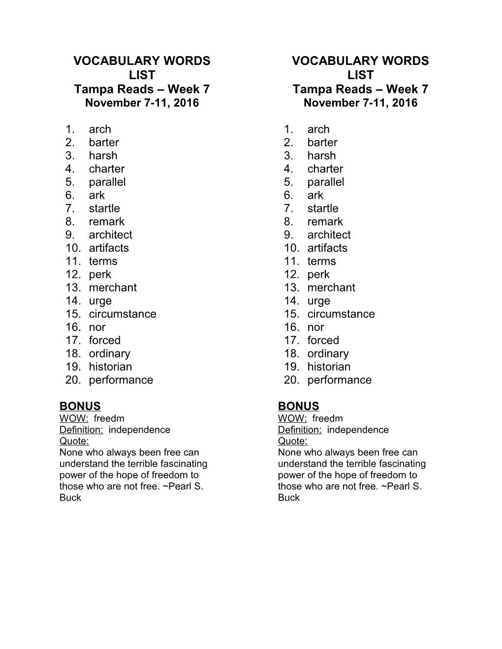 Spelling Words List