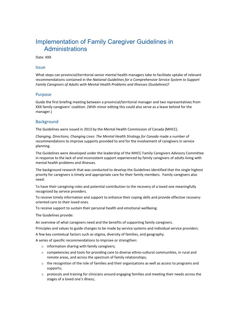 Sample Summary Document on the Caregiver Guidelines